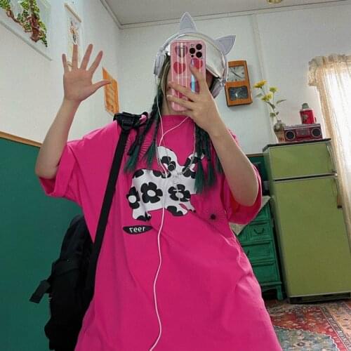 Street hip hop cute girl rabbit flower print loose BF large short sleeve T-shirts summer men and women tees
