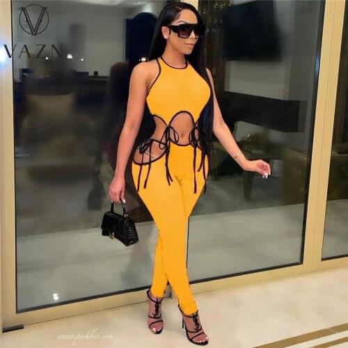 VAZN 2020 Hollow Out Casual Young Sexy High Street Soft Sleeveless Long pants Women 2 Piece Set