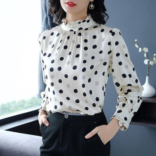 Spring Tops Womens Shirt Vintage Polka Dot Office Blouse Women Shirts Fashion Stand Collar Blouses Camisas Mujer DD2611