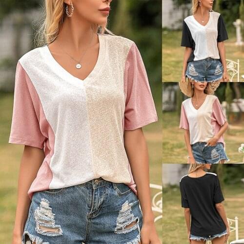Womens V-Neck Stitching Color Short Sleeve Loose T-Shirt Top