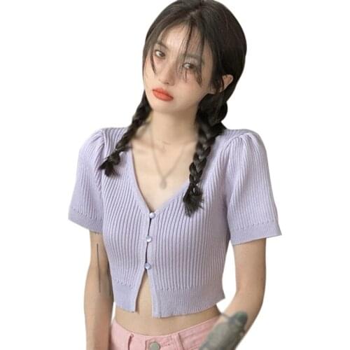 Womens Personalized Thin Tshirt Short Sleeve Summer Tshirt Pure Color Crop V-Neck Top Tee