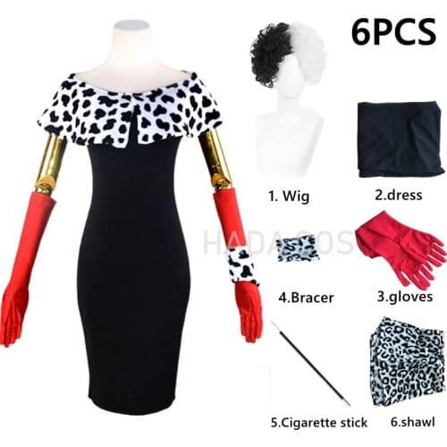 Movie Evil Madame Cruella De Ville Cosplay Costume Lady Womens Fancy Outfit Fashion Black Tight Dress Spotted Fur 101 Dalmatian