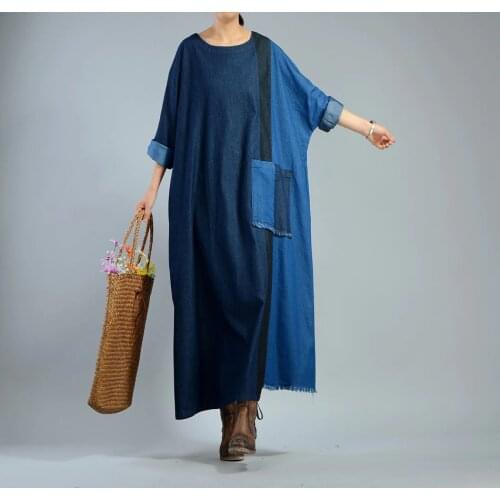 Women Autumn Denim Robe Dress Patchwork Plus Size Casual Vintage Dresses Oversized Ladies Retro Denim Dress Female Loose Spring