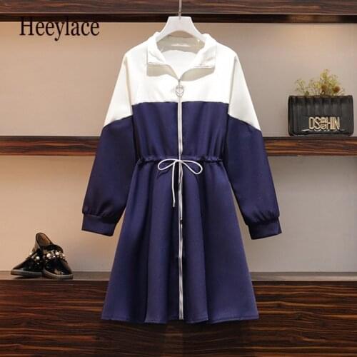 Plus Size Lady Casual Patchwork Dress 2020 Autumn Fall Long Sleeve Zipper Front Fashion Women Sport High Waist Dresses Sportwear