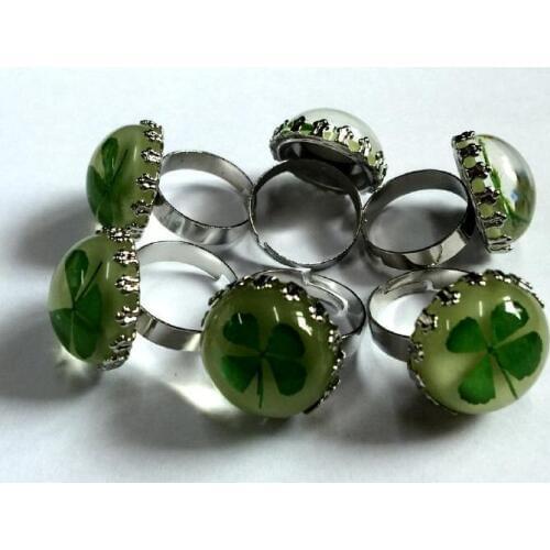 FREE SHIPPING 12 pcs Fashion Real Shamrock Jewelry Four Leaf Clover Glow Finger Ring Jewelry