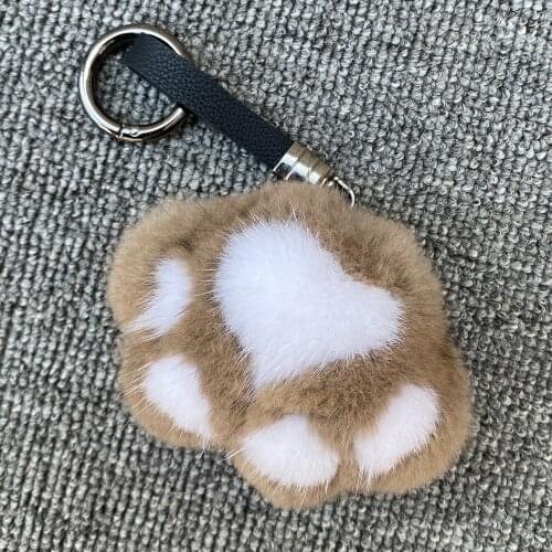 2021Women Car Key Pendant Real Mink Fur Cat Paw Toy Keychain Cute Bag Charm Ornaments Soft Pompom Plush Cute Bear Claw Key Rings