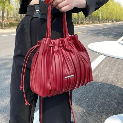 Folds Design PU Leather Crossbody Bags For Women Drawstring Bucket Handbags 2021 New Lady Travel Bag High-Capacity Shopping Tote