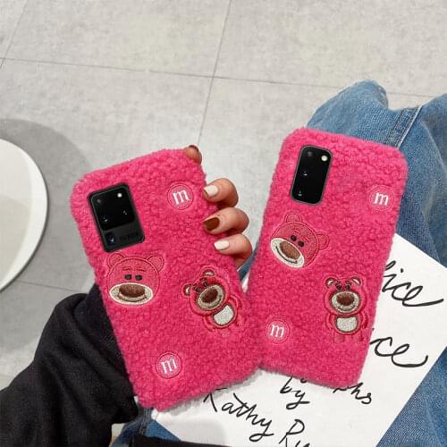 For Samsung Galaxy S30 S20 FE S21 Ultra S10 Lite S9 S8 Plus S7 S6 S5 S4 S3 Fashion Plush Fur Rose Red Bear Protection Phone Case