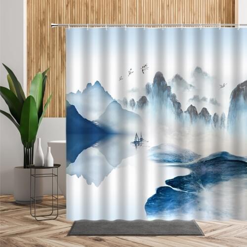 Chinese Style Shower Curtain Bathroom Set Waterproof Ink Painting Landscape Forest Scenery Bathtub Screen Window Decor Curtains