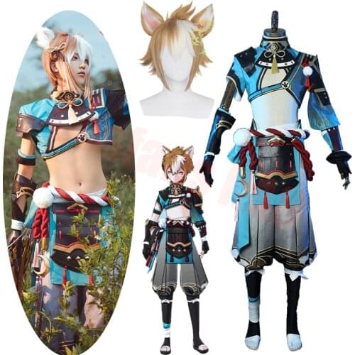 Genshin Impact Gorou Wu Lang Cosplay Costume Fashion Combat Uniforms Genshin Impact Gorou Short Brown White Wigs with Ears Hair