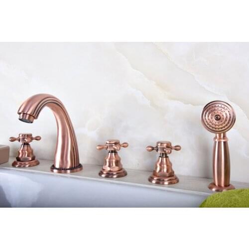 Red Copper Antique 5 Holes Three Handles Bathroom Bathtub Faucet Deck Mounted Hot and Cold Water Mixer Basin Tap ttf182