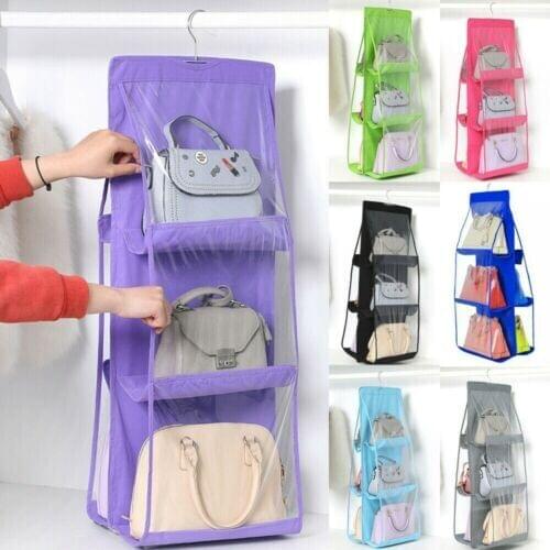 New 6 Pocket Folding Hanging Handbag Purse Storage Large Clear Holder Anti-dust Organizer Rack Hook Hanger 7 color