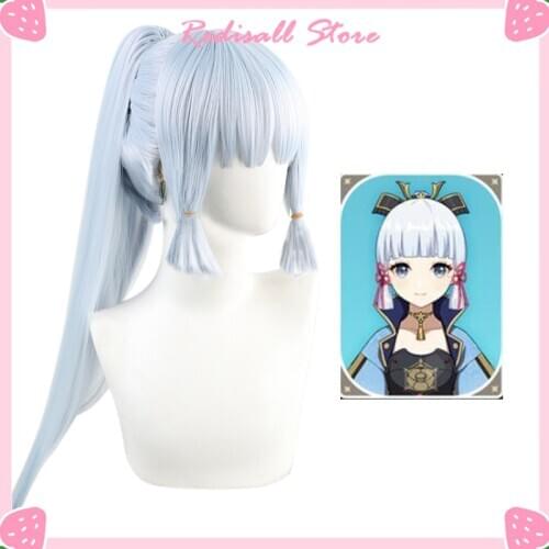 Genshin Impact Cosplay Shenli Linghua Wig Kamisato Ayaka Long Straight Ponytail Bangs Temples Heat Resistant Hair Role Play