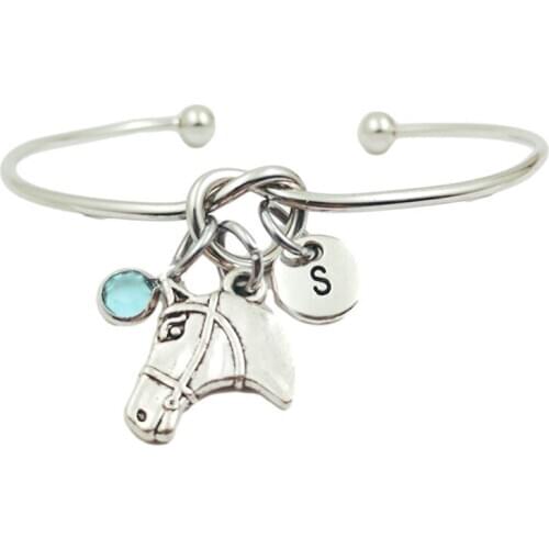 Horse Head Animal Retro Creative Initial Letter Monogram Birthstone Adjustable Bracelet Fashion Jewelry Women Gift Pendant