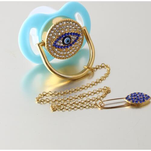 Bling Bling Luxurious Baby Pacifier Blue Evil Eye Rhinestone Baby White Pacifier Chain Holder Dummy Food Grade BPA Free