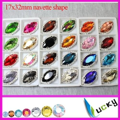 2016 New Design point back rhinestones with flat back cup chain link settings!24pcs 17x32mm horse eye shape Mix colors crystal
