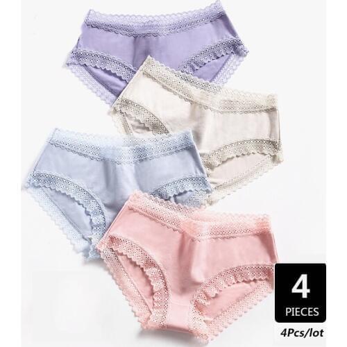ZJX 4Pcs/Lot Cotton Panties Women Sexy Lace Briefs Breathable Underwear Girls Panty Solid Lovely Womens Seamless Lingerie