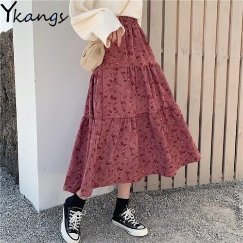 Harajuku Chic Autumn Winter Warm Flower Print Skirts Women Vintage Corduroy pleated Skirt Students Kawaii Long Skirt Streetwear