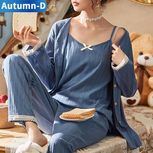 Women Pajama Sets Lace Nightgowns Sexy Female Sleepwear Plus Size Pijama Trouser Suits 3PCS Cotton Night Wear Soild Home Clothes