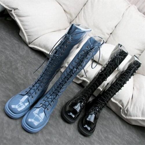 PXELENA Women Riding Knight Knee High Boots Patent Leather Lace Up Zip Low Heels Military Motorcycle Biker Long Boots Shoes Lady