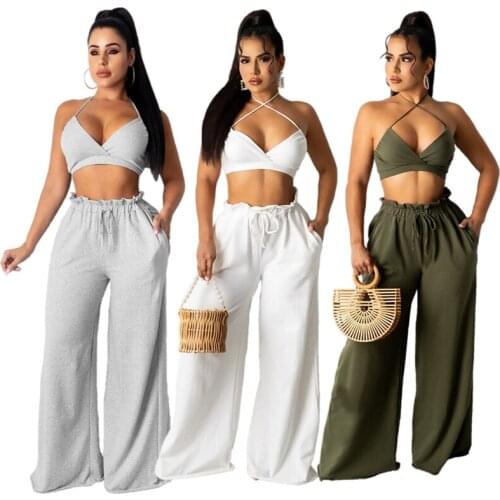 2021Casual Women Two 2pcs Tracksuits Solid V Neck Halter Top+Loose Long Straight Drawstring Trousers Fashion Street Matching Set