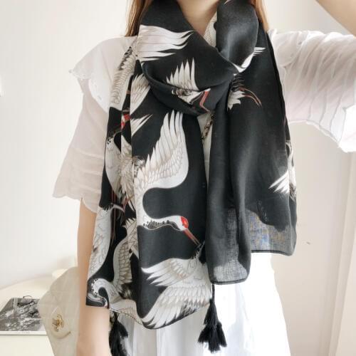Women Spring Autumn White Crane Printed Big Size Ladies Travel Shawl Long Cotton Feeling Black Scarf Animal Print With Tassel