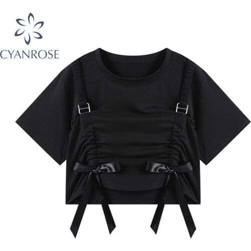 Vintage Black Bow Lace Up Gothic Crop Top Women 2021 Summer Streetwear Harajuku Causal Tees Short Sleeve Goth T-Shirt Girl
