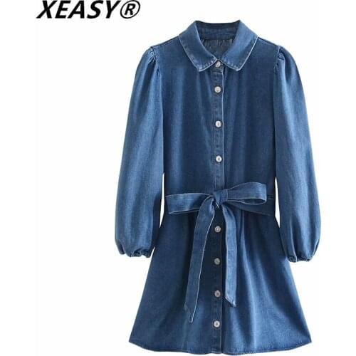 XEASY Women 2021 Za Denim Dress Long Sleeve Turn Down Collar Button Long Loose Denim Short Dress Chic Belted Casual Dresses
