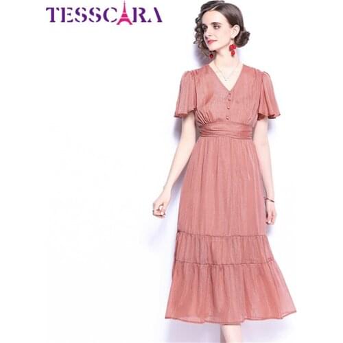 TESSCARA Women Summer Elegant V-Neck Dress Festa High Quality Vintage Party Robe Femme Empire Waist Designer A-Line Vestidos
