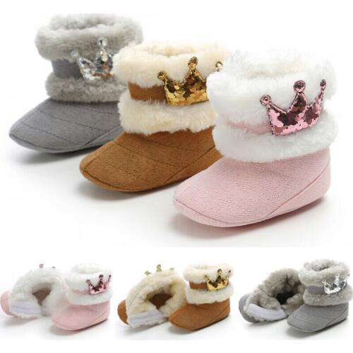 Winter Warm Newborn Baby Girls Snow Boots Princess Sequin Crown Cashmere Plush Crib Shoes Toddler Infant Kids Soft Furry Boots