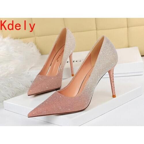 Star Womens Shoes Elegant Ladies Shining Silver Pumps Pointed Toe High Heels Wedding Party Shoes Woman Pink Shallow Spring Work
