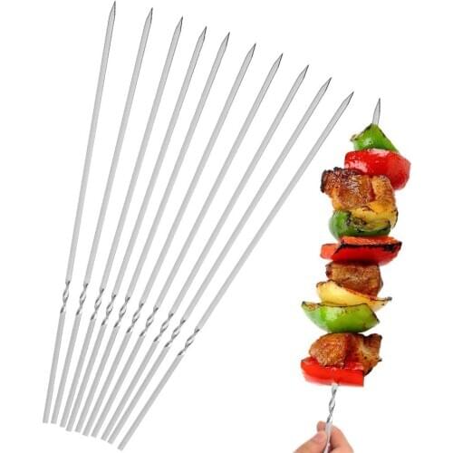 12pcs Stainless Steel Barbecue Skewers Reusable Flat BBQ Needle Stick For Kitchen Cooking Accessories Camping Supplies Outdoor