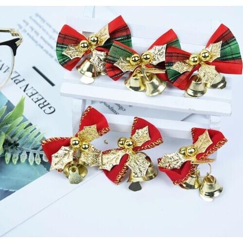 6Pcs/lot Christmas Bowknot With Bells Xmas Tree Decoration Bauble DIY Bows Craft New Year Decorations Supplies