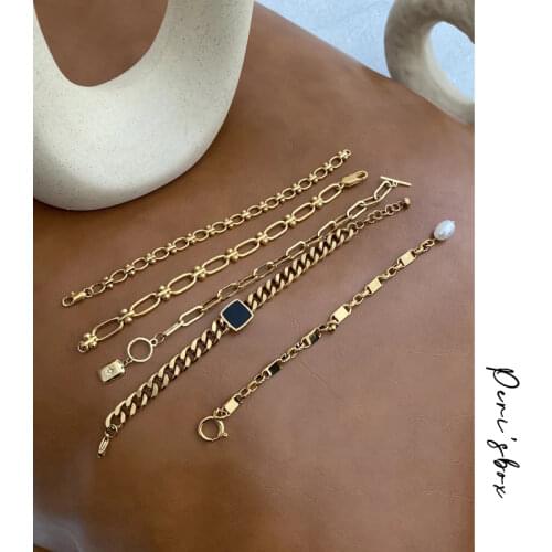 Perisbox 5 Designs Square Enamel Chain Bracelet Eight-pointed Star Bracelets for Women Pearl Vintage Titanium Steel Bracelet