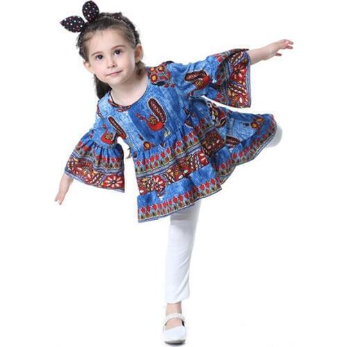 Summer 2018 Kids Girl Dress Frills Flare Sleeve Top irregular Party Ruffles Cartoon Peacock Pattern Two Color Dresses 2-9Yrs