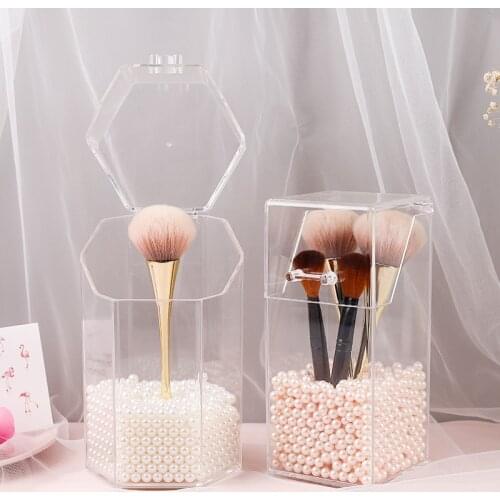 Square Pearl Cosmetic Box Transparent Flip Cover Cosmetic Brush Bucket Acrylic Lipstick Pencil Container Desktop Accessories