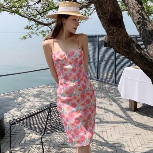 Fashion Summer Vintage Sweet Floral Midi Party Club Dress Ladies Elegant Casual Sexy Strap Sleeveless Beach Vacation Short Dress