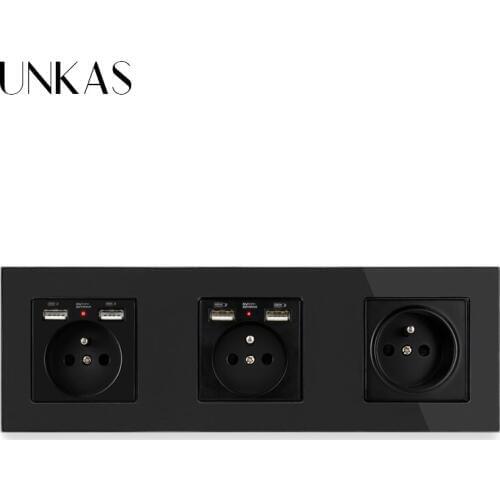 UNKAS 3 Gang Black French Standard Wall Socket With Dual USB Charging Port + 1 Gang French Socket 258*86mm Crystal Glass Panel
