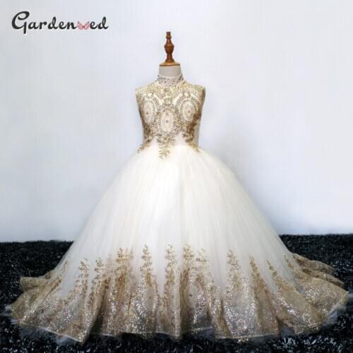 Puffy Tulle Lace Flower Girl Dresses Long Train Satin Girl Pageant Dress Grogeous Lace Embroidery Flower Girl Wedding Dresses