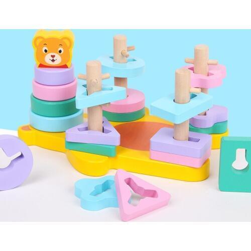 Educational Children Wooden Four Column Set Geometric Shape Matching Blocks Cognitive Building Stacker Intelligence Toys For Kid