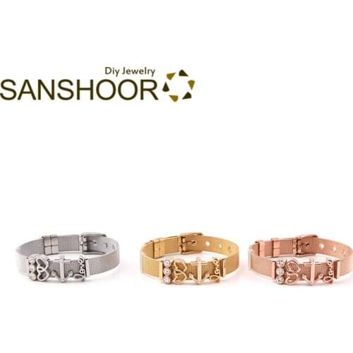 SANSHOOR Mesh Stainless Steel Keeper Bracelet Double Love Anchor Sparkling Trio Slide Charms Trendy Woman Jewelry as Gift 1 Set