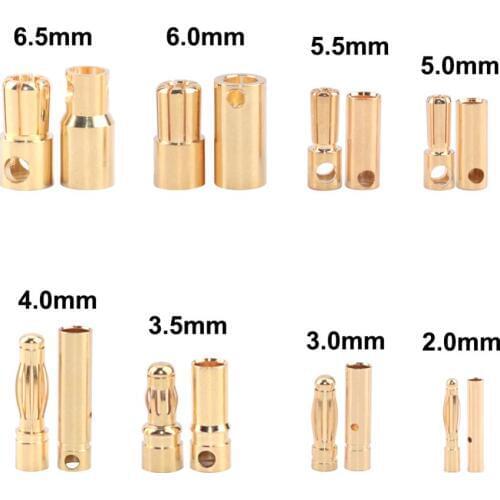 100 pairs Bullet Connector Plug 2.0/3.0/3.5/4.0/5.5/6.0/6.5mm Battery Connector Green Gold Plated Stereo Plug Banana Head
