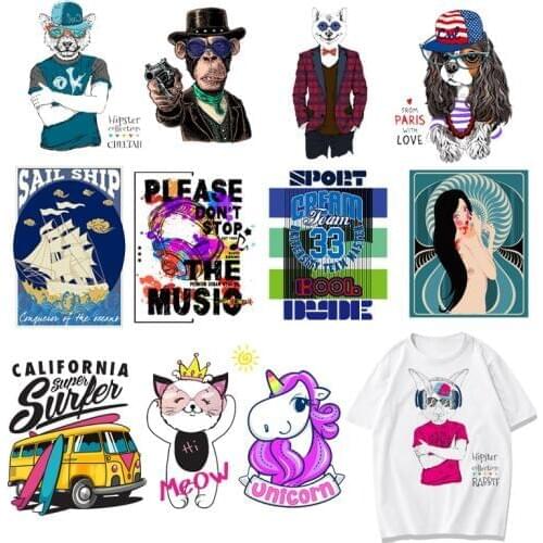 Cute Unicorn Iron On Patches Heat Transfers Animal Wolf Dog Patch For Clothes Sticker DIY T-shirt Badges Appliques F