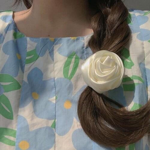 New WomenCream Rose Silk Satin Flower Hairpin Hair Ring Handmade Rose High Sense Of Retro Temperament Gentle Hair Accessories