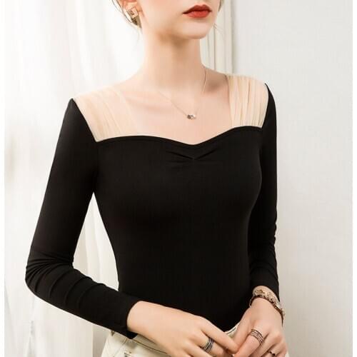 Womens top Lady Cotton Long sleeve Square collar top woman tshirt Solid color women elegant all match Basic t-shirt