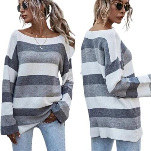 2020 Fall Womens Early Fall Shirt Woman Striped Top Knitting Casual Party Round Neck Long Sleeve Loose Sweater Girl Streetwear