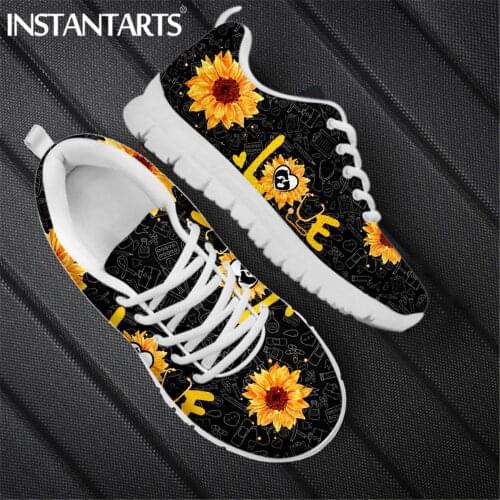 INSTANTARTS Spring Autumn Comfort Sneakers for Women Nurse Love Sunflower Printed Female Flat Shoes Breathable Lace up Footwear