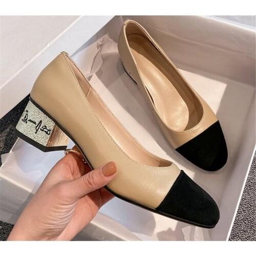 2020 Fashion Women Heels Pumps Runway Designer Patchwork Round Toe Midi Heels Shoes Autumn Winter Ladies Party Sandals Shoes