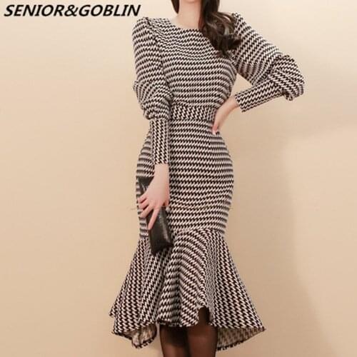 2019 Winter Fashion Outfits Women Mermaid Skirt Office 2 Piece Set Spring Lady Houndstooth Long Sleeve Bodycon Sexy Ruffle Suits