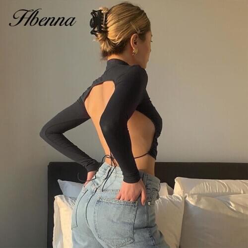 Hbenna Backless Crop Tops Women Slim Elastic Fashion Lace up Hollow Out Women Cropped Top Summer Sleeve Hight Waist Sexy Shirts